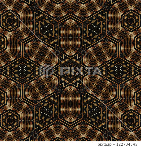 High class mystical background design. Arabesque ethnic texture. Geometric stripe ornament cover photo. Turkish fashion for floor tiles and carpet. Repeated pattern design for Moroccan textile print	 122734345