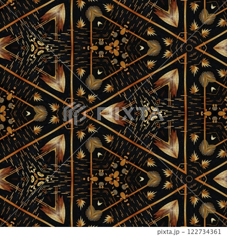 High class mystical background design. Arabesque ethnic texture. Geometric stripe ornament cover photo. Turkish fashion for floor tiles and carpet. Repeated pattern design for Moroccan textile print	 122734361