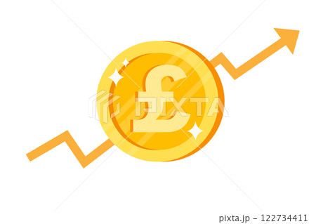 Currency symbol on a gold coin with growth arrow indicating rise in value Currency symbol on a gold coin with growth arrow indicating rise in value 122734411