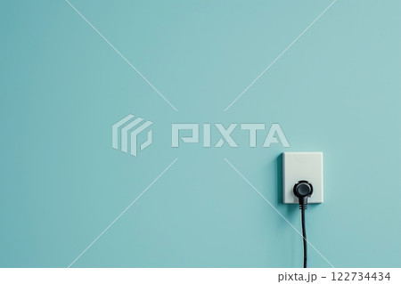 White plastic power outlet. Power socket. Brand new electrical socket isolated on a blue wall with black single plug switched on. Renovated studio apartment power supply background. Empty copy space 122734434