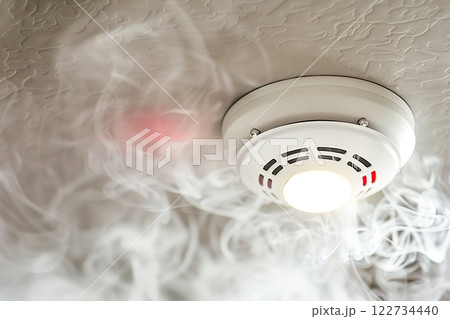 Fire Alarm, Smoke Detector, Fire Detector in Action. Safety Device Installed at Ceiling. Smart Home Security System in Hotel, Apartment Room, Office. For Service Engineering Company Site, Advertising. 122734440