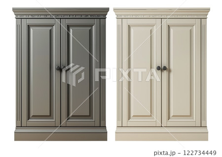 Cabinet door samples in market in a row. Gray and beige Kitchen wooden cabinet door, brass handles, furniture isolated on white. Chic look in the room. Trendy interior units. Home improvement concept. Cabinet door samples in market in a row. Gray and beige Kitchen wooden cabinet door, brass handles, furniture isolated on white. Chic look in the room. Trendy interior units. Home improvement concept. 122734449