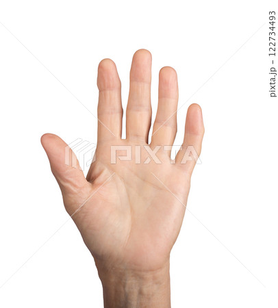 Elderly woman's open hand, fingers spread, high five gesture, wrinkled skin, closeup detail, body 122734493
