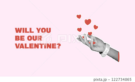 Happy Valentine's Day Banner Halftone effect.Will be our my valentine.Isolated on pink background.Halftone Collage stippling hand and red hearts.Trendy vintage sticker for card,for promotions. Happy Valentine's Day Banner Halftone effect.Will be our my valentine.Isolated on pink background.Halftone Collage stippling hand and red hearts.Trendy vintage sticker for card,for promotions. 122734865