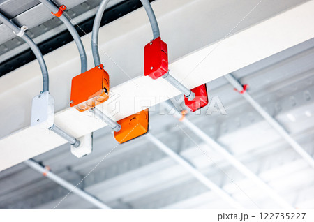 Electrical cable conduit with colorful junction box for electric wiring system on the ceiling 122735227