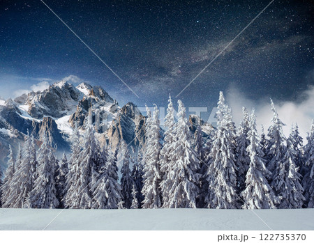 fantastic winter meteor shower and the snow-capped mountains. Carpathians. Ukraine, Europe fantastic winter meteor shower and the snow-capped mountains. Carpathians. Ukraine, Europe 122735370