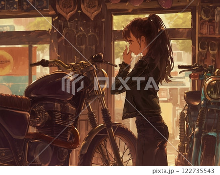 バイクショップでバイクを見つめる女性 | レトロな雰囲気と温かい光の演出 122735543