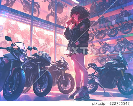 バイクショップでモーターサイクルに囲まれる少女 | カラフルなライトと近未来的な雰囲気 122735545