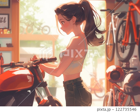 バイクショップでバイクを触れる女性 | 明るい光と活気あふれる瞬間 122735546