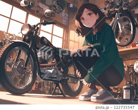 バイクガレージで佇む少女 | 静かな時間とレトロなバイクの魅力 122735547