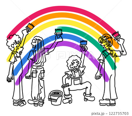 LGBTの人たちを象徴する6色の虹を描く若者4人 122735703