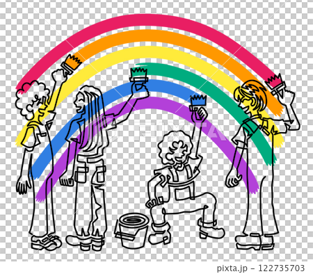 LGBTの人たちを象徴する6色の虹を描く若者4人 122735703