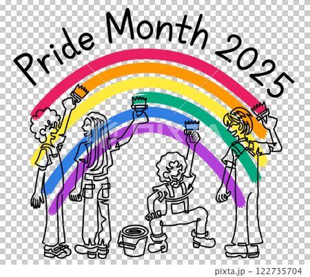Four young people drawing a six-color rainbow with the words "Pride Month 2025" 122735704