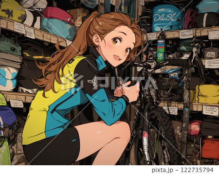 アウトドア用品店で自転車を選ぶ女性 | アクティブな雰囲気と元気な笑顔 アウトドア用品店で自転車を選ぶ女性 | アクティブな雰囲気と元気な笑顔 122735794