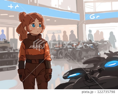 バイク展示場でたたずむ少女 | 静かな時間と未来的なデザイン バイク展示場でたたずむ少女 | 静かな時間と未来的なデザイン 122735798