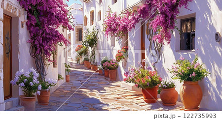 Old town cozy narrow street with white houses and bougainvillea flower. Old town cozy narrow street with white houses and bougainvillea flower. 122735993