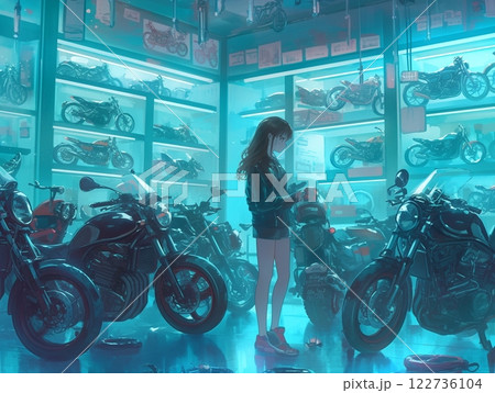 バイクショップで立ち止まる少女 | 青いライトが照らす近未来的な空間 122736104