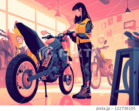 バイクショップで新しいバイクをチェックする女性 | カラフルでスタイリッシュなシーン 122736105