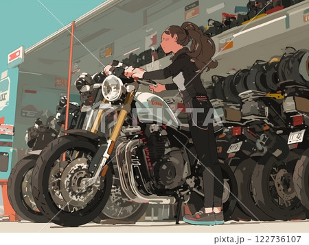 バイクショップで新しいバイクをチェックする女性 | アクティブでスタイリッシュなシーン 122736107