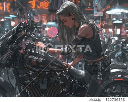 都会のバイクショップで黒いバイクを眺める女性 | クールでスタイリッシュなシーン 都会のバイクショップで黒いバイクを眺める女性 | クールでスタイリッシュなシーン 122736138