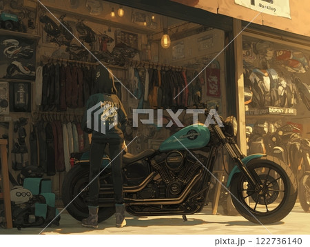 バイクショップで立ち止まる女性 | ヴィンテージバイクと装備が並ぶ空間 バイクショップで立ち止まる女性 | ヴィンテージバイクと装備が並ぶ空間 122736140