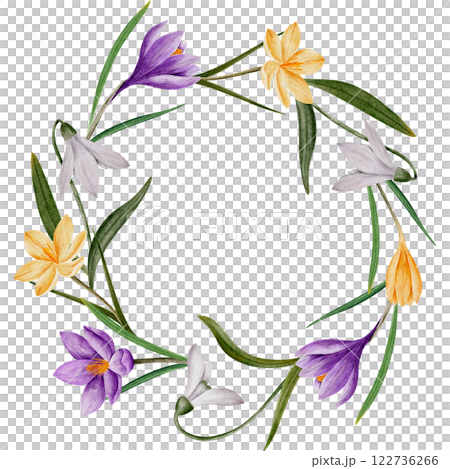 wreath with crocus and snowdrop flowers, watercolor illustration, isolated on white. Hand drawn botanical frame with space for text. Template for cards, logos, prints, wedding design wreath with crocus and snowdrop flowers, watercolor illustration, isolated on white. Hand drawn botanical frame with space for text. Template for cards, logos, prints, wedding design 122736266