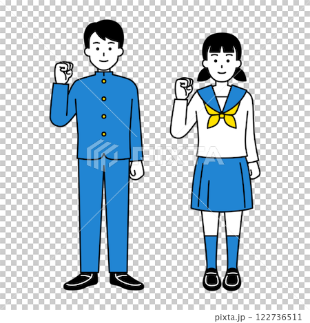 Male and female students doing fist pump (whole body) set Male and female students doing fist pump (whole body) set 122736511