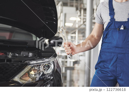 Hands of car mechanic with wrench in garage Hands of car mechanic with wrench in garage 122736618