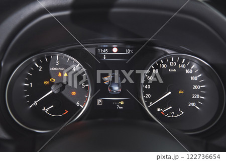 Luxury car Interior - steering wheel, shift lever, dashboard and computer 122736654