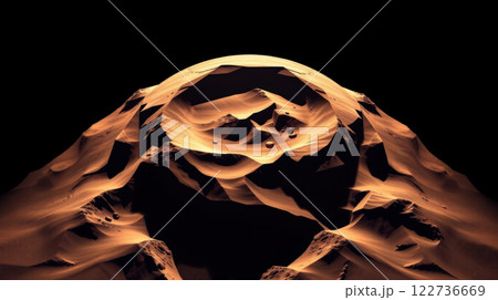 Dramatic Stylized Martian Terrain in Warm Orange Tones Against Black Space 122736669