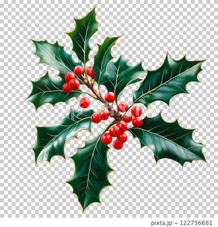 Holly branch with green glossy leaves and bright red berries isolated on a transparent background. Festive plant symbol commonly used in Christmas and holiday decorations. 122736681