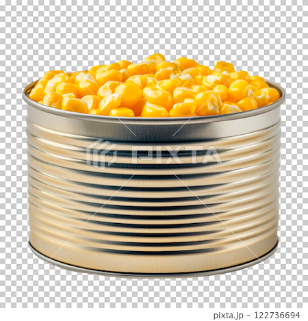Canned sweet corn kernels in a metal can, isolated on a transparent background. Yellow corn kernels in a shiny tin, isolated for food packaging, cooking, and design projects. 122736694