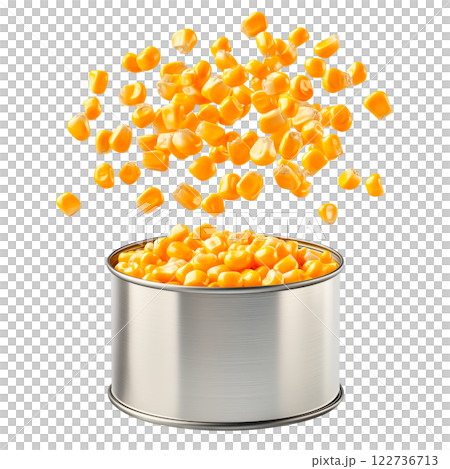 Canned sweet corn with kernels spilling out, isolated on a transparent background. Yellow corn kernels in a metal can, isolated for food packaging, advertising, and design projects. 122736713