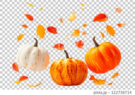 Set of autumn pumpkins in white, orange, and striped patterns with falling autumn leaves, isolated on a transparent background. Perfect for seasonal designs 122736714