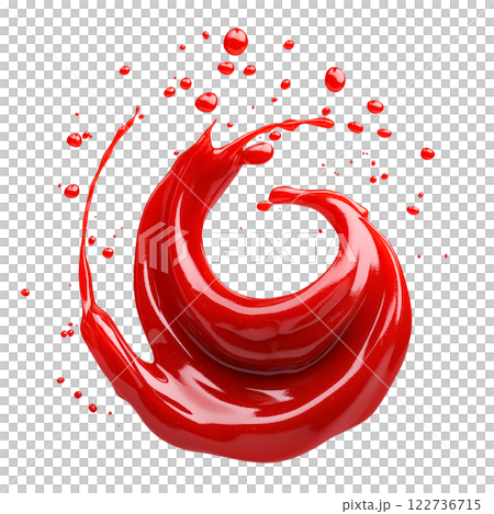 Dynamic red liquid splash forming a spiral shape with scattered droplets, isolated on a transparent background. High-quality close-up, perfect for design elements, advertising. 122736715
