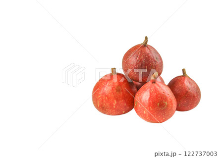 A group of dark red figs, some showing early signs of decay, cutout with clipping paths. The image symbolizes the natural life cycle, ripeness, and the fleeting beauty of fresh produce. 122737003
