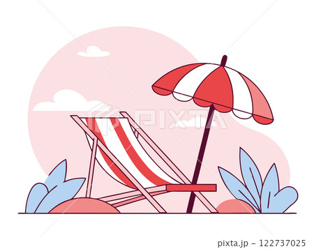 Lounge chair with beach umbrella. Summer time. Tropical resort. Vector illustration 122737025