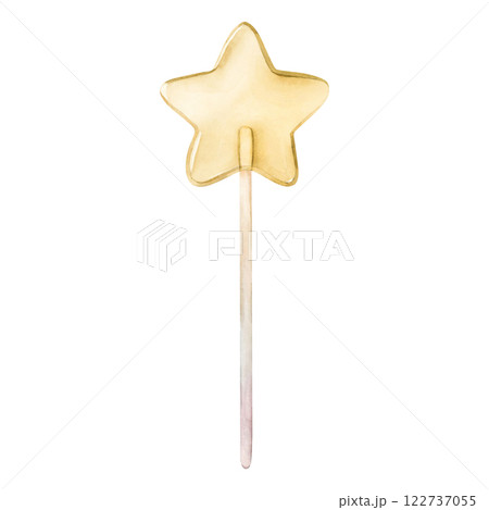 Lollipop magic wand. Cute yellow star candy on a stick. Watercolor hand painted isolated food illustration for kids birthday, baby shower party, nursery clothes fabric, delicious textile, logo, label 122737055