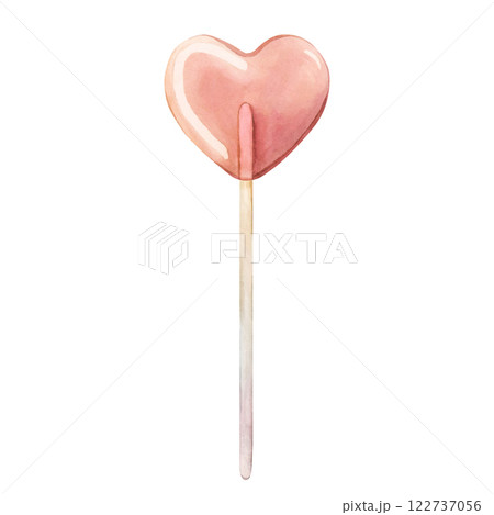 Lollipop. Cute pink heart candy on a stick. Watercolor hand painted isolated food illustration for kids birthday, baby shower party, nursery clothes fabric, girly textile, whimsical logo, label 122737056