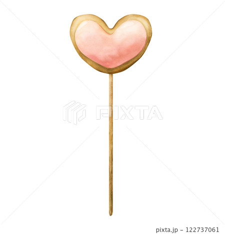 Heart gingerbread with pink glazed on a stick. Watercolor hand painted isolated food illustration for kids birthday party, baby shower, nursery clothes fabric, sweet textile, whimsical logo, label 122737061