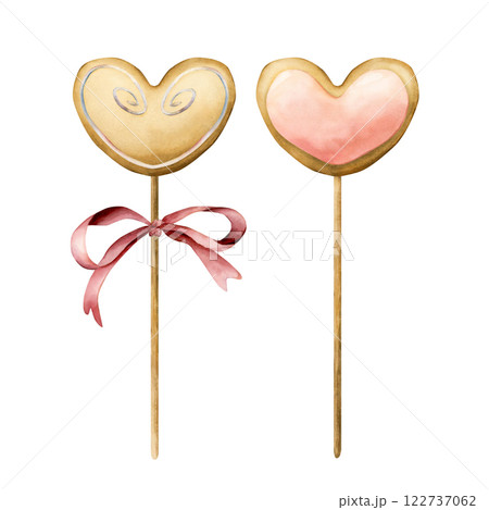Heart gingerbreads on a stick clipart set. Watercolor hand painted isolated food illustration for kids birthday party, baby shower, nursery clothes fabric, valentine, sweet textile, logo, label Heart gingerbreads on a stick clipart set. Watercolor hand painted isolated food illustration for kids birthday party, baby shower, nursery clothes fabric, valentine, sweet textile, logo, label 122737062