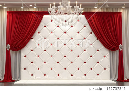 a luxurious backdrop for a special event. The backdrop should feature a large, white fabric panel with a diamond-shaped pattern created by rows of golden beads or embellishments a luxurious backdrop for a special event. The backdrop should feature a large, white fabric panel with a diamond-shaped pattern created by rows of golden beads or embellishments 122737243