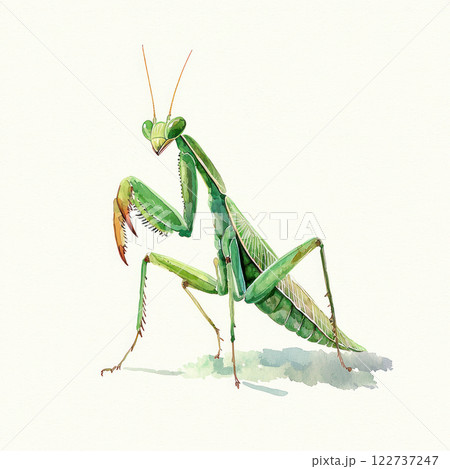 Watercolor art of praying mantis on white background, showcasing sharp focus and high quality for commercial use 122737247
