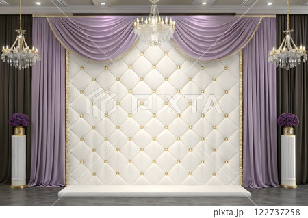 a luxurious backdrop for a special event. The backdrop should feature a large, white fabric panel with a diamond-shaped pattern created by rows of golden beads or embellishments	 122737258