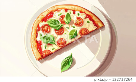 Delicious pizza slice on plate with abundant cheese, basil, and tomato topping, showcasing minimalist style 122737264