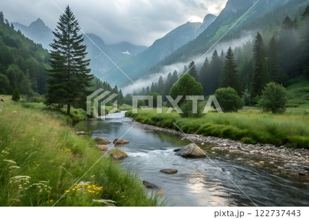 Serene mountain landscape unfolds, with a crystal-clear stream winding through lush green valleys	 122737443