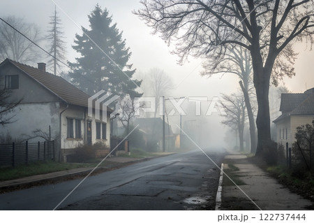 Serene small village with houses softly veiled by a thick, mystical fog	 122737444