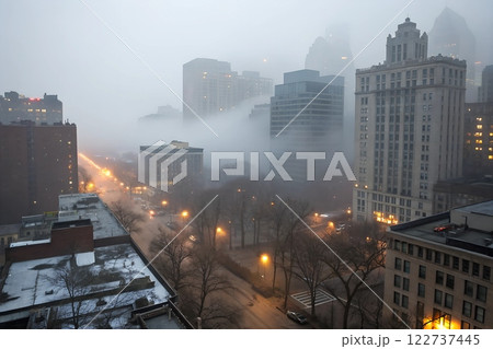 Serene town with high-rise buildings softly veiled by a thick, mystical fog	 122737445