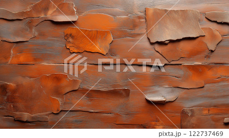 Textured wall with orange and brown wooden panels creating rustic feel Textured wall with orange and brown wooden panels creating rustic feel 122737469