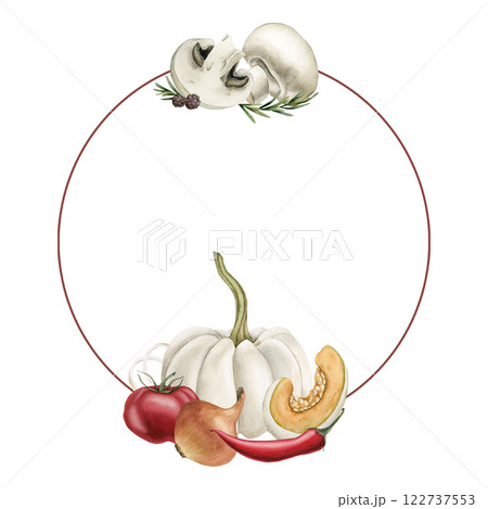 Fresh vegetables and seasonings wreath. Watercolor hand painted isolated food illustration cookbook, kitchen table textile, condiment package, delicious fabric, menu, recipe book, card, logo, label 122737553